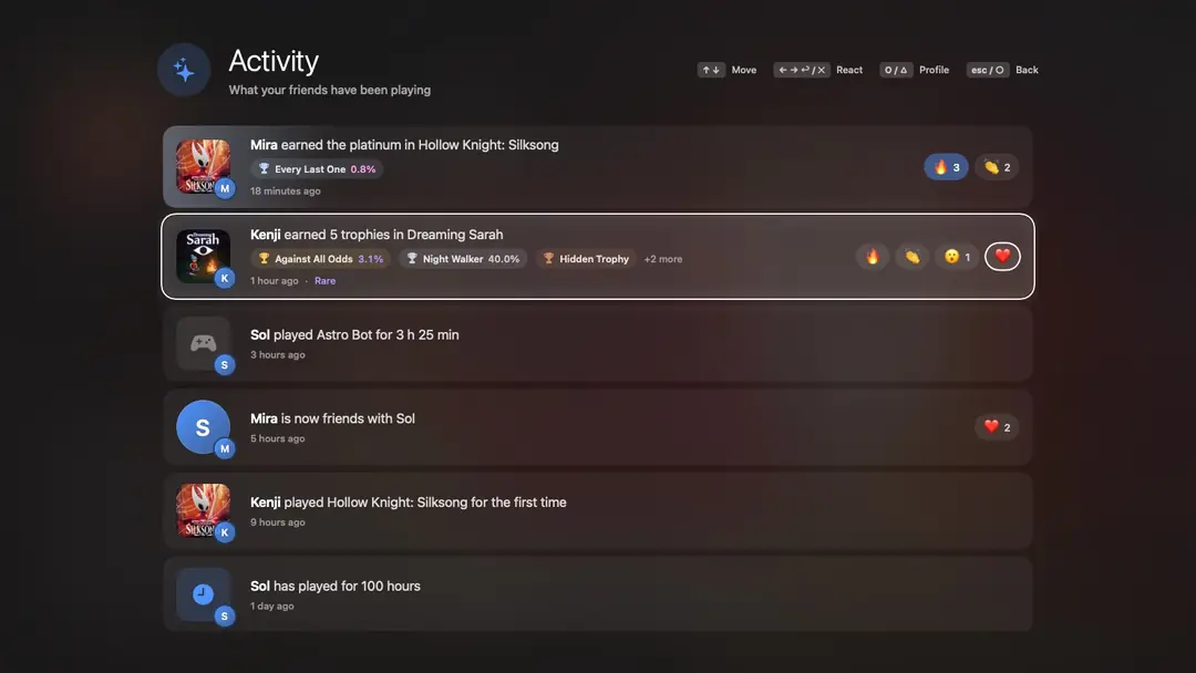 Friends' activity with reactions: trophies, first plays and milestones