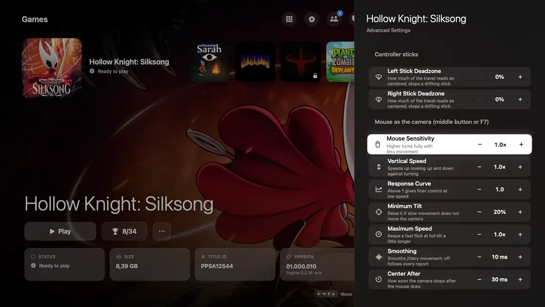 Advanced settings: stick deadzones, mouse as the camera, keyboard, graphics and sharing