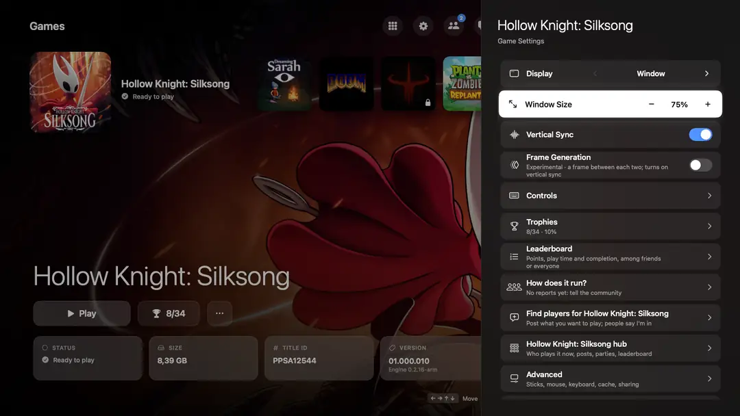 Game settings: display, window size, vertical sync, controls, trophies, advanced, performance overlay