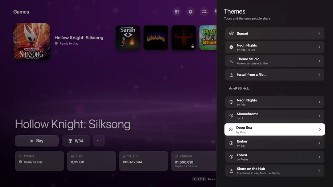 Themes in the launcher: your own, the built-in ones and the Theme Hub's