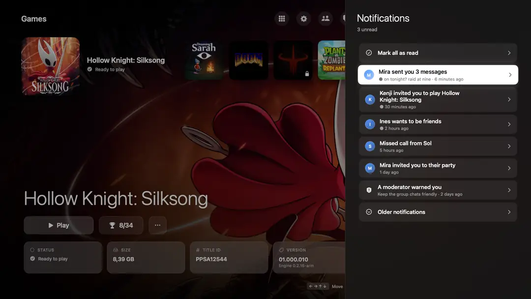 The notifications list: messages, invites, requests, a missed call