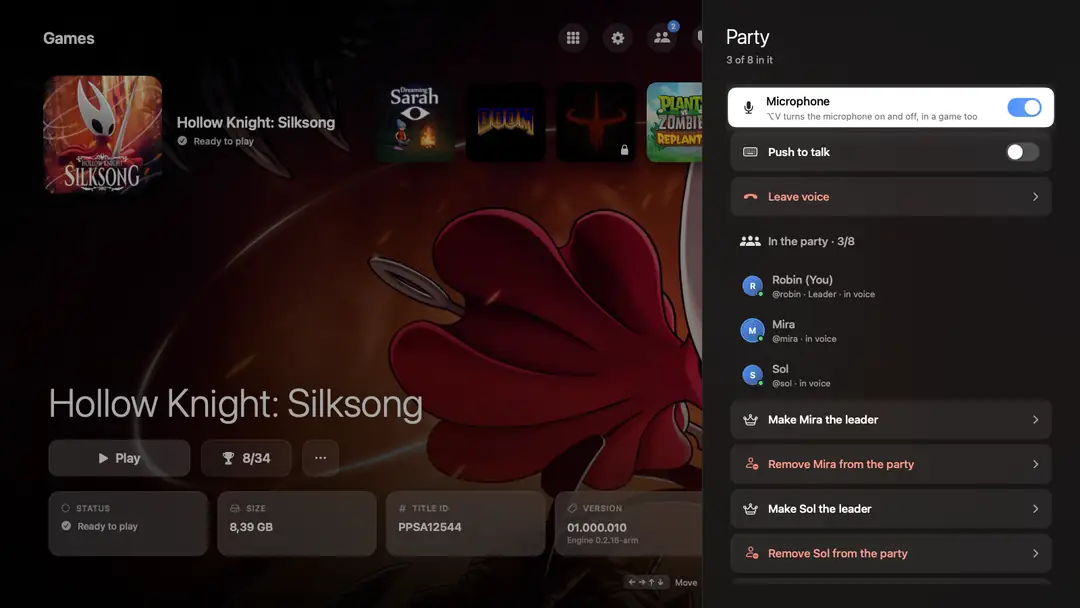 A party in voice with push-to-talk, one friend speaking