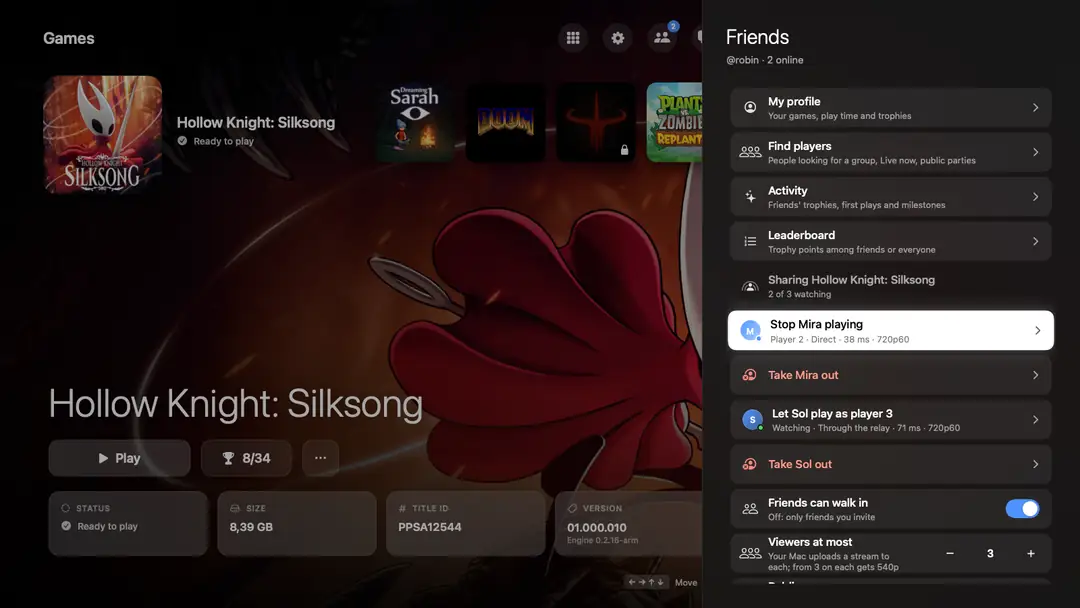 Share play in the friends panel: Silksong shared, Mira playing as player 2, Sol watching through the relay