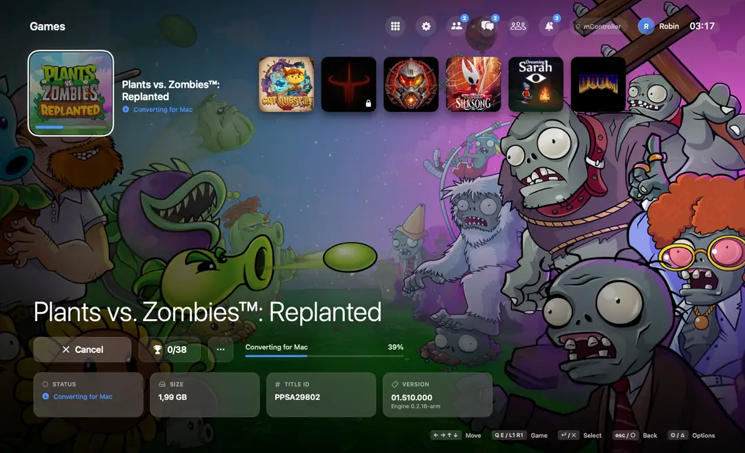 Plants vs. Zombies: Replanted being unlocked, 39 percent, with Cancel