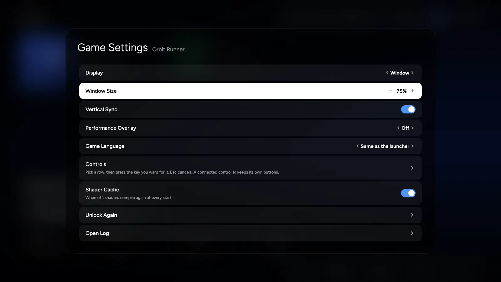 Game settings: display, window size, vertical sync, overlay, language, controls, shader cache