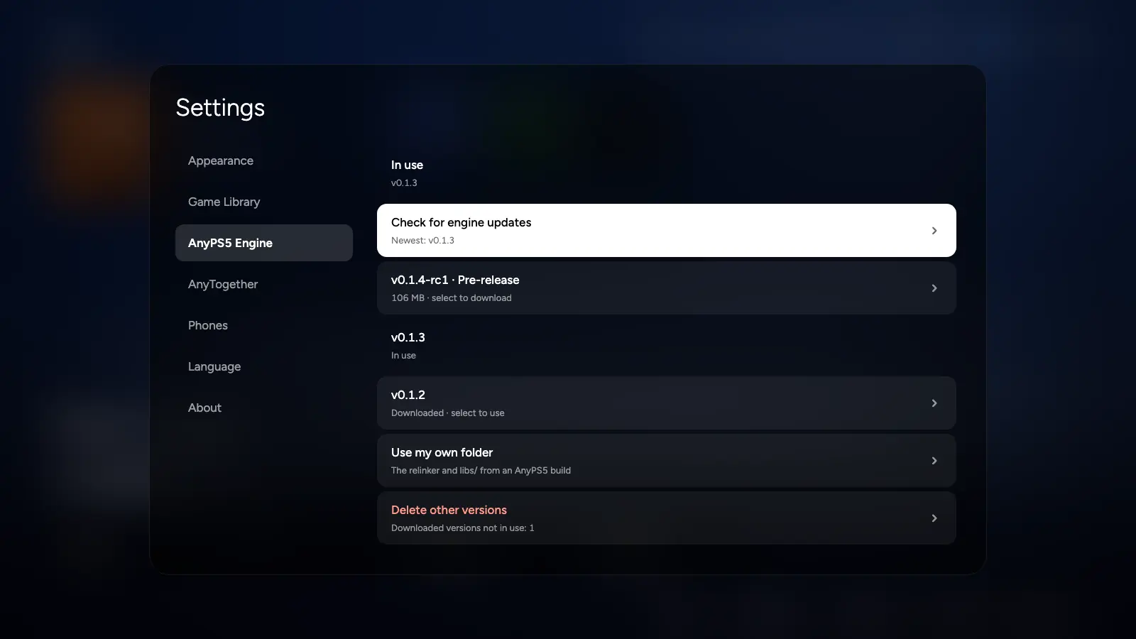 Settings, AnyPS5 Engine: the version in use, updates, other versions and your own folder