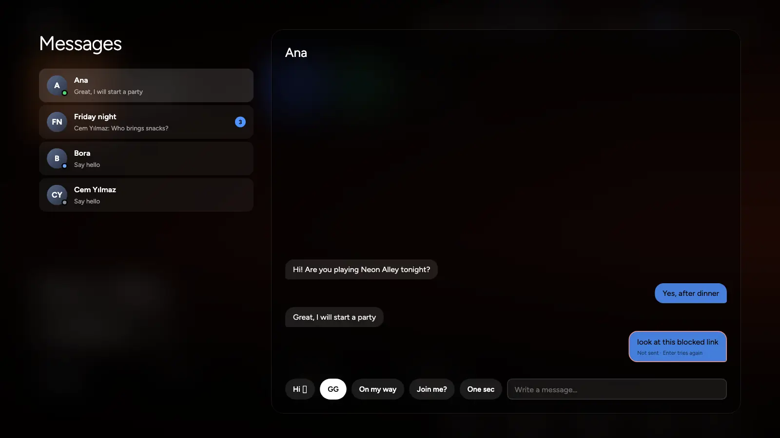Messages in AnyPS5 Desktop: conversations and a thread with quick replies