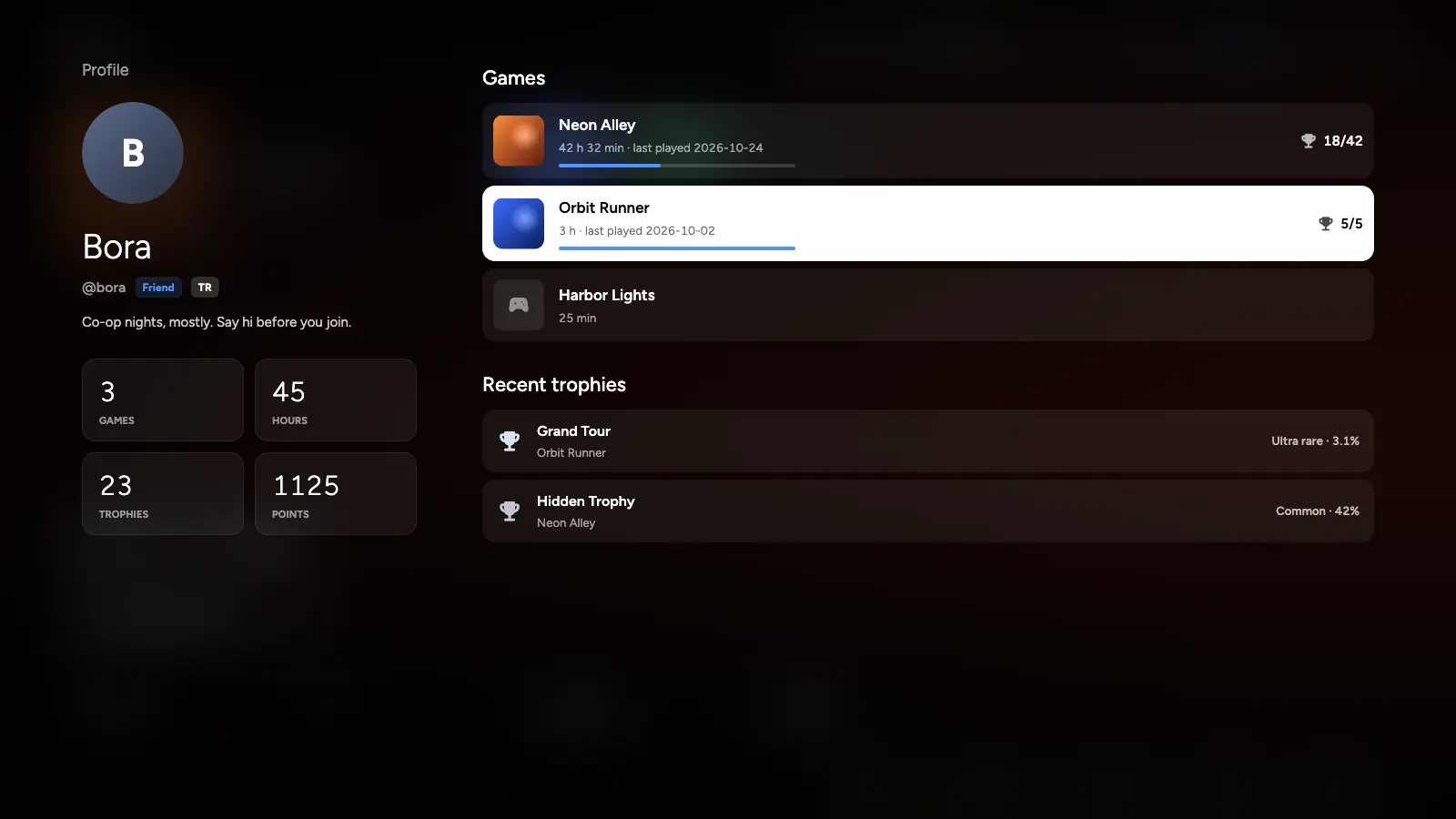 A friend's profile in AnyPS5 Desktop: games, play time, recent trophies with rarity