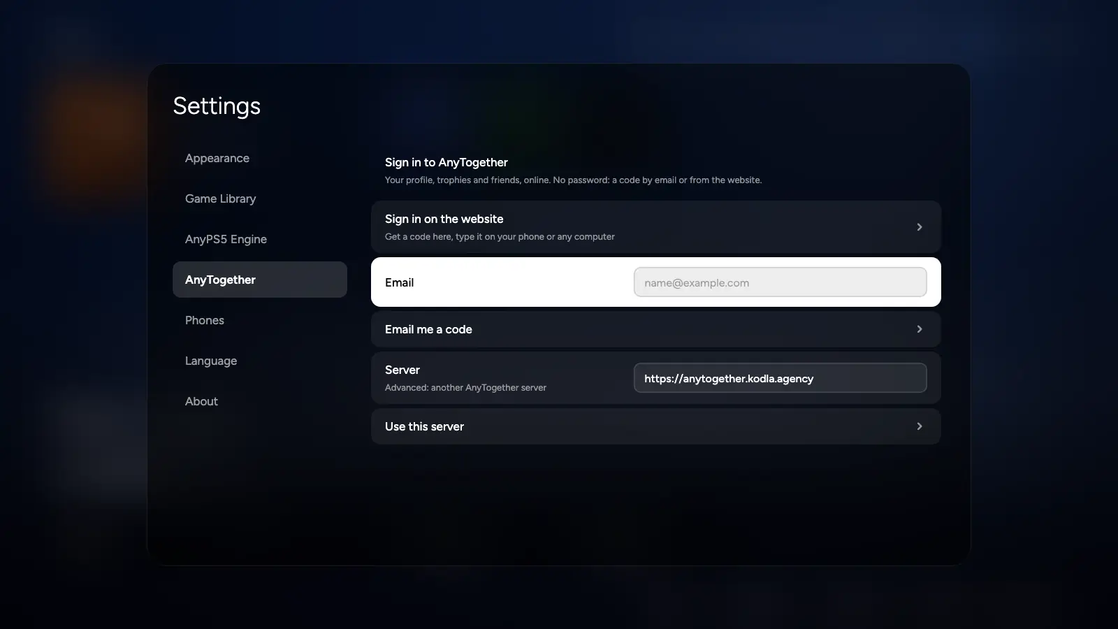 Settings, AnyTogether: sign in on the website, with an email code, or choose another server