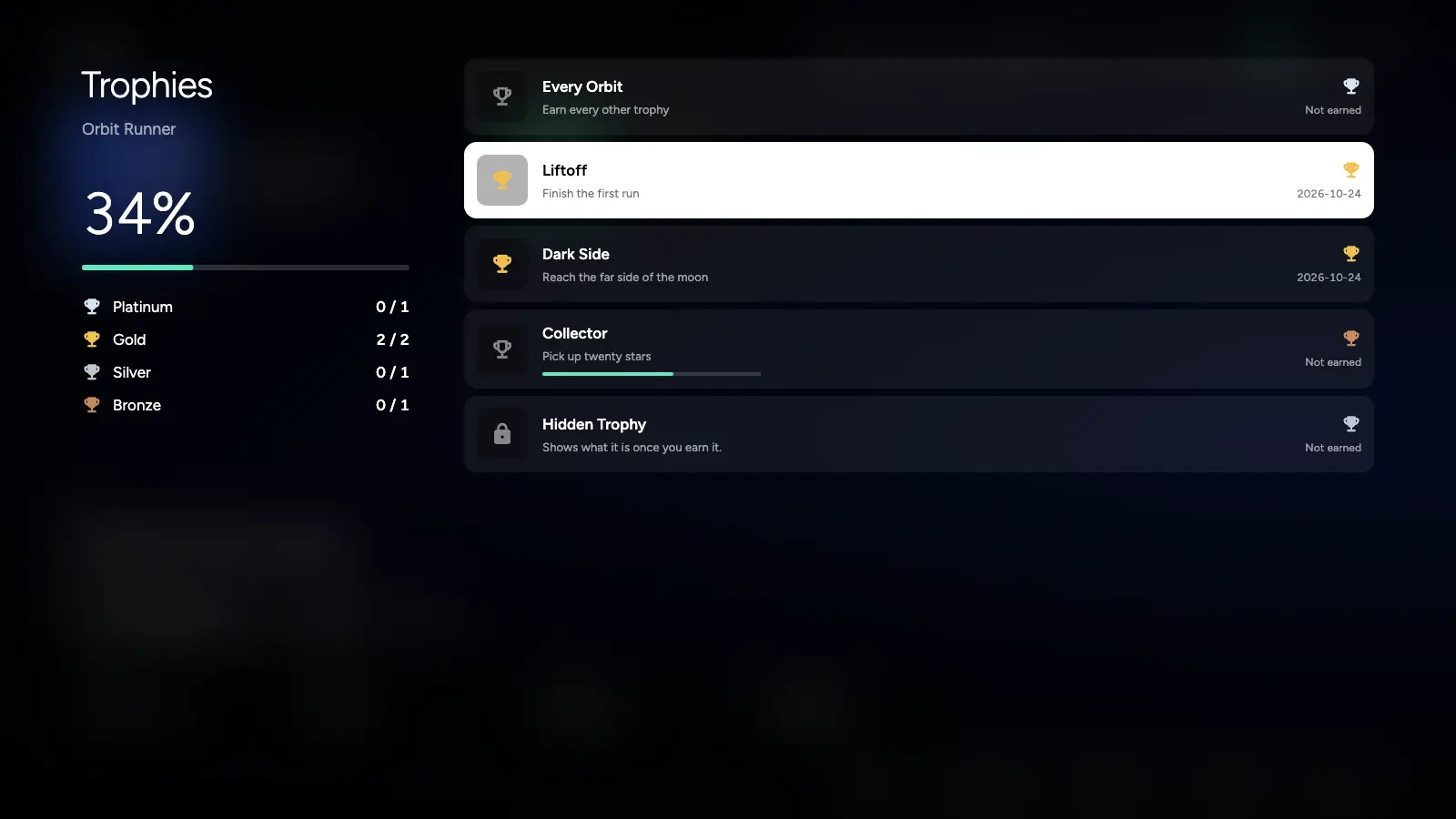 A demo game's trophy list: 34 percent, platinum to bronze counts