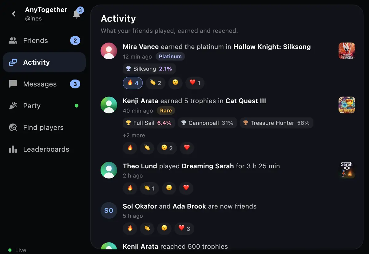 Friends' activity on the phone, with reactions