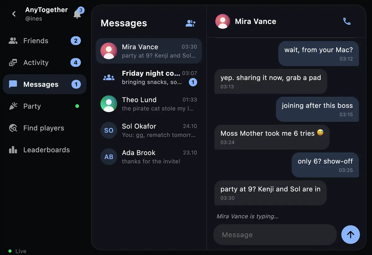 Messages on the phone: conversations and one open, a friend typing