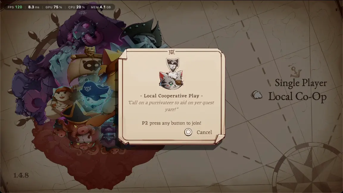 Cat Quest III's local co-op screen on the viewer's side: P2 press any button to join