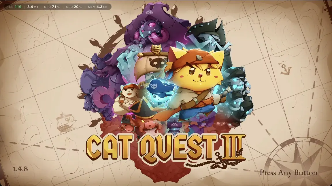 A clean stream frame: Cat Quest III's title screen with the performance overlay