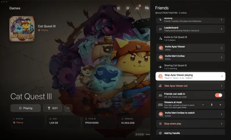The host's launcher: sharing Cat Quest III, one viewer playing as player 2, direct, 0 ms, 648p57