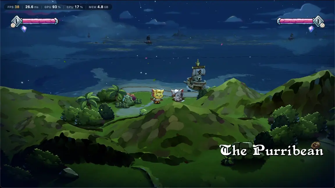 Cat Quest III streamed to the viewer: both cats in the world, player 2 beside player 1