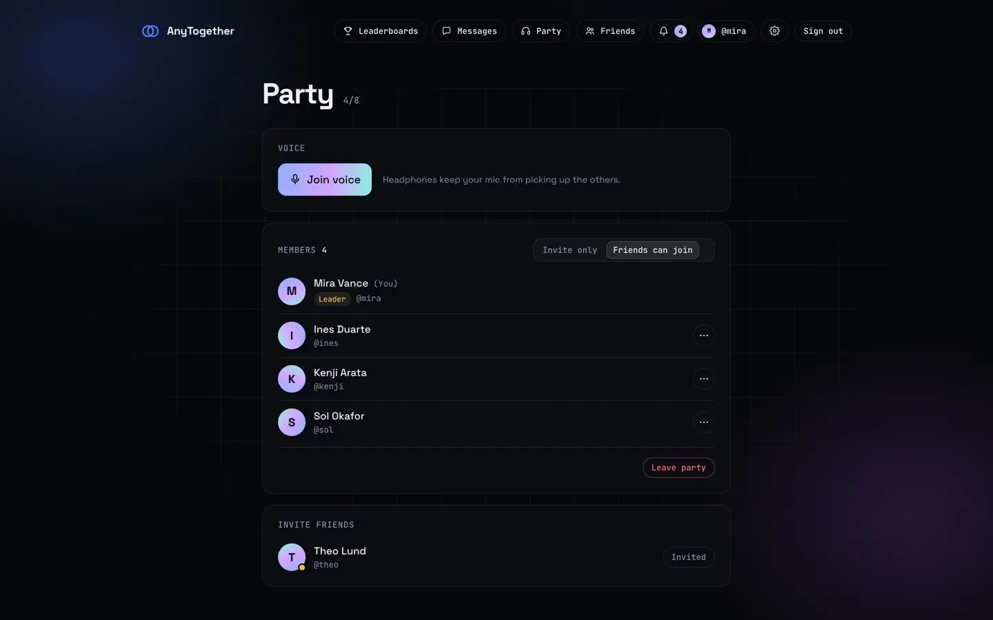 A party on the website: members, voice and invites