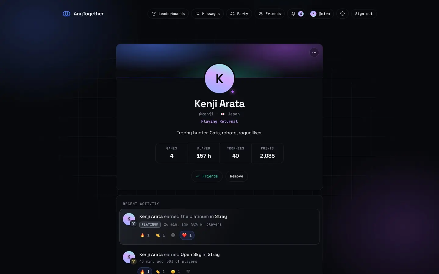 A profile on the website: games, play time, trophies and points